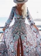 Oasap Boho V Neck Long Sleeve High Slit Beach Floral Dress