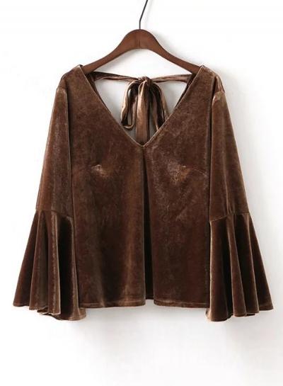 Oasap V Neck Flare Sleeve Solid Blouses