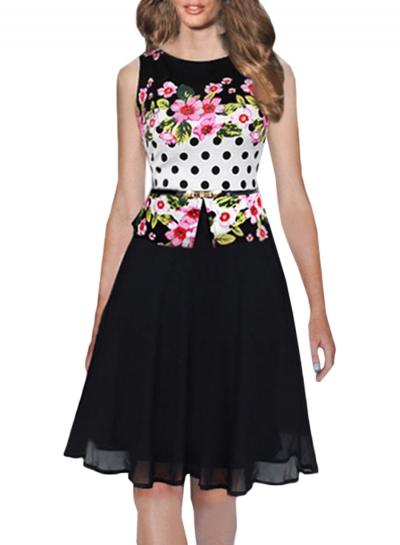Oasap Women's Floral Print Sleeveless Colorblock Chiffon Dress With Belt