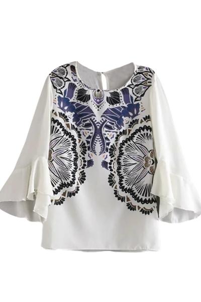 Oasap Women's Vintage Graphic Flouncing Sleeve Chiffon Blouse