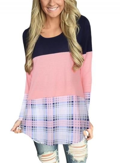 Oasap Round Neck Long Sleeve Back Lace Color Block Tee Shirt