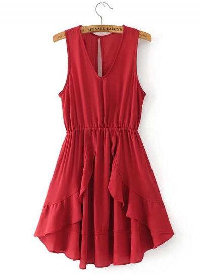 Oasap V Neck Solid Sleeveless Ruffle Mini Dress