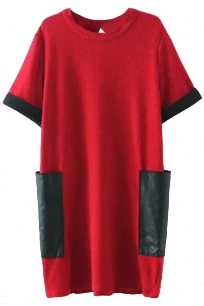 Oasap Patched Pu Pockets Loose Shift Dress