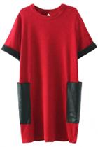 Oasap Patched Pu Pockets Loose Shift Dress