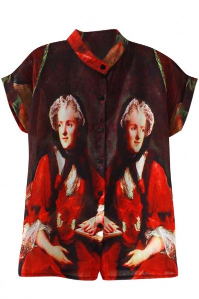 Oasap Baroque Beauty In Red Print Short Sleeve Shirt