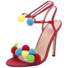 Oasap Peep Toe Ankle Lace-up High Heels Sandals With Pom Pom