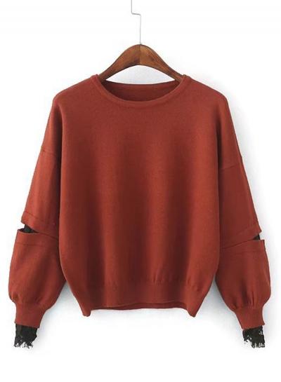 Oasap Round Neck Long Sleeve Lace Splicing Solid Color Sweater