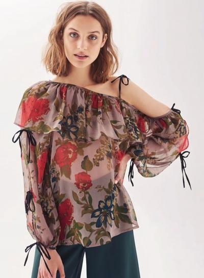 Oasap Slash Neck One Shoulder Floral Print Blouse