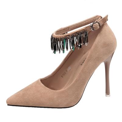 Oasap Pointed Toe Stiletto Heels Buckle Strap Fringe Pumps