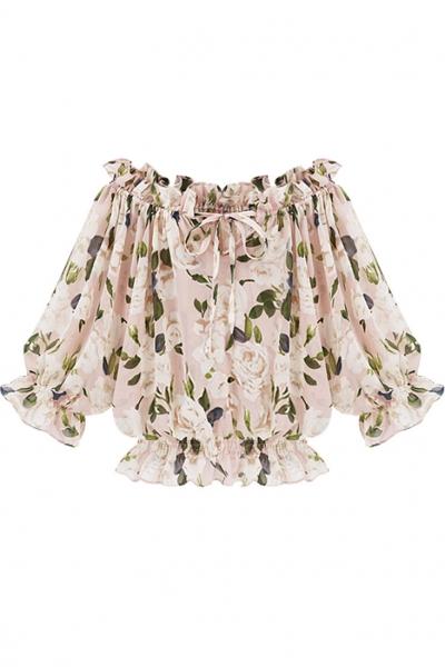 Oasap Demure Blush Floral Pattern Ruffles Blouse