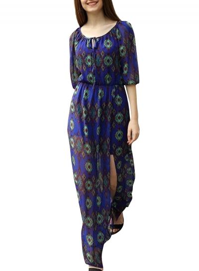 Oasap Women's Vintage Elastic Waist Half Sleeve High Slit Print Maxi Dress