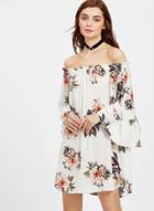 Oasap Flare Sleeve Floral Print Slash Neck Mini Dress