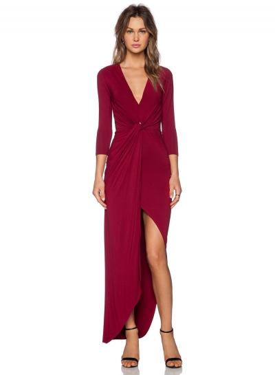 Oasap Solid Color Deep V Long Sleeve High Slit Maxi Dress