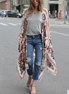 Oasap Batwing Sleeve Floral Print Chiffon Long Cardigan