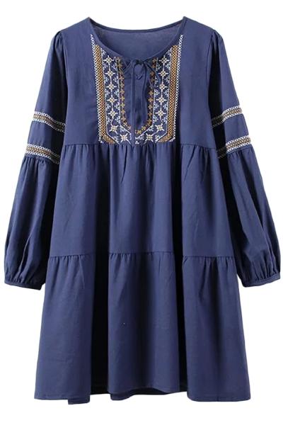 Oasap Vintage Embroidery Print Lace-up Neck Dress