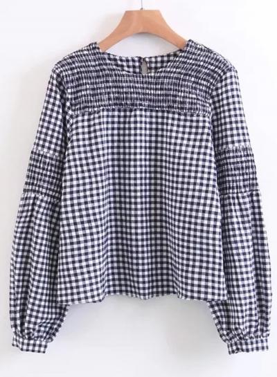 Oasap Round Neck Long Sleeve Plaid Blouses