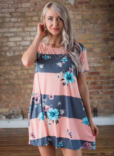 Oasap Round Neck Short Sleeve Floral Printed Dress
