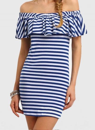 Oasap Fashion Off Shoulder Ruffle Short Sleeve Bodycon Striped Dress