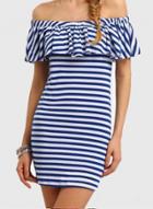 Oasap Fashion Off Shoulder Ruffle Short Sleeve Bodycon Striped Dress