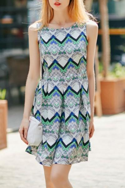 Oasap Zigzag Floral Print Pleated Dress