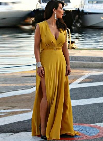 Oasap V Neck High Slit Plus Size Maxi Dress