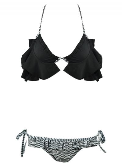 Oasap Women's Color Block Chevron Graphic Ruffled Two Piece Bikini