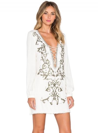 Oasap Deep V Neck Lace-up Embroidery Bodycon Mini Dress