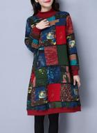 Oasap Round Neck Long Sleeve Color Block Cotton Padded Dress