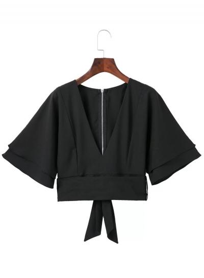 Oasap V Neck Half Sleeve Crop Top Blouses