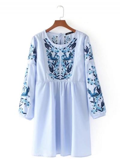Oasap Vintage Round Neck Floral Embroidery High Waist Dress With Tassel