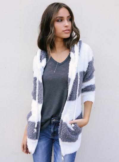 Oasap Color Block Long Sleeve Hooded Fleece Warm Coat