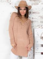 Oasap V Neck Casual Lace Up Long Sleeve Knit Sweater