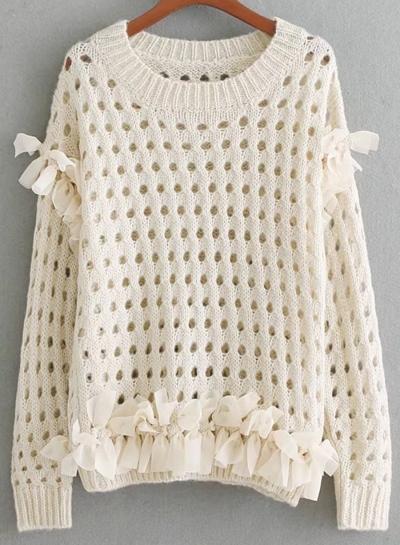 Oasap Round Neck Long Sleeve Hollow Out Sweater