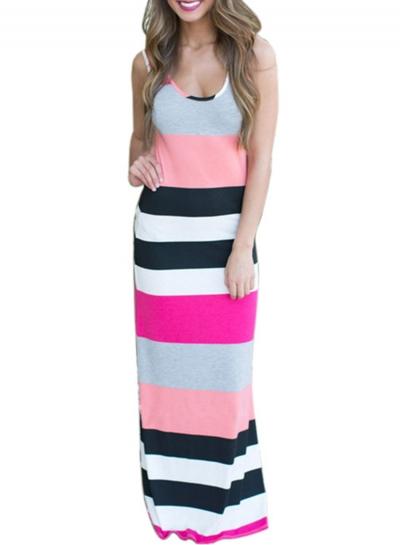 Oasap Women's Color Block Striped Print Sleeveless Slim Fit Dress