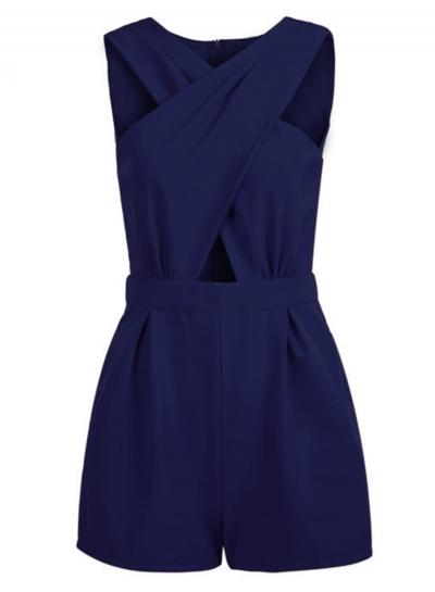 Oasap Fashion Sexy Solid Sleeveless Front Cross Pockets Rompers