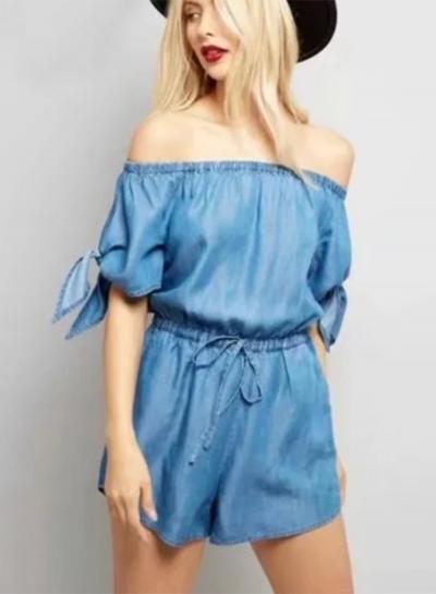 Oasap Slash Neck Lace-up Denim Jumpsuit