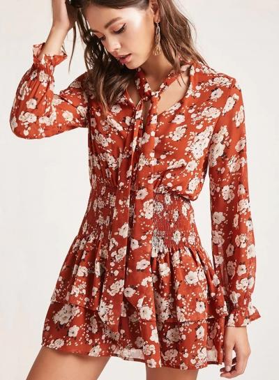 Oasap Floral Printed Elastic Waist Long Sleeve V Neck Cake Mini Dress