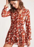 Oasap Floral Printed Elastic Waist Long Sleeve V Neck Cake Mini Dress