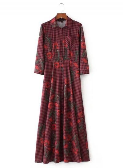 Oasap Turn Down Collar Long Sleeve Floral Printed Maxi Dress