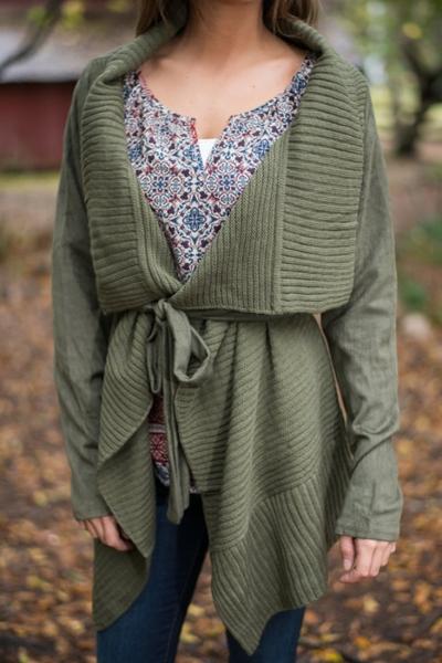 Oasap Army Green High Low Ribbed Knit Belted Cardigan