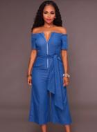 Oasap Fashion Sexy Denim Short Sleeve Off The Shoulder Lace-up Wide Leg Jumpsuit