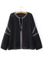 Oasap V Neck Long Sleeve Solid Embroidery Blouses