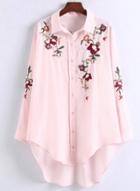 Oasap Turn Down Collar Long Sleeve Floral Embroidery Shirts