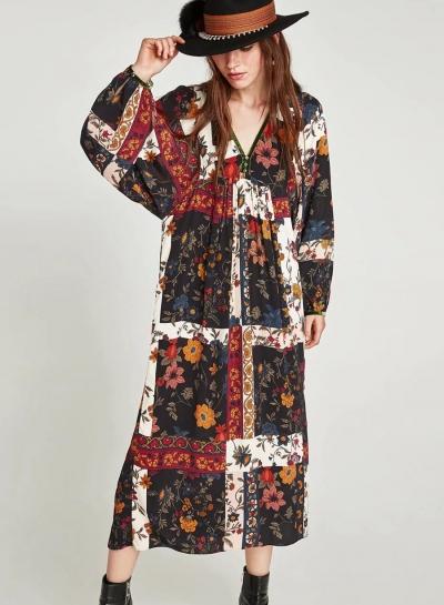 Oasap V Neck Floral Print Lantern Sleeve Midi Dress