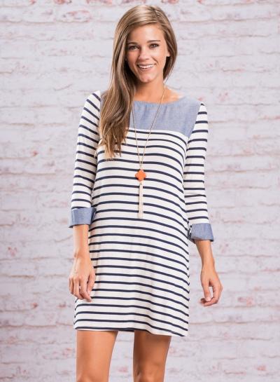 Oasap Round Neck Long Sleeve Striped Splicing Midi Dress