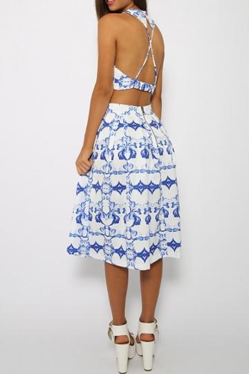 Oasap Backless Crop Top Printing Matching Set