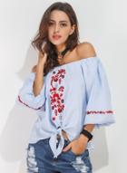 Oasap Rational Style Floral Embroidery Slash Neck Blouse