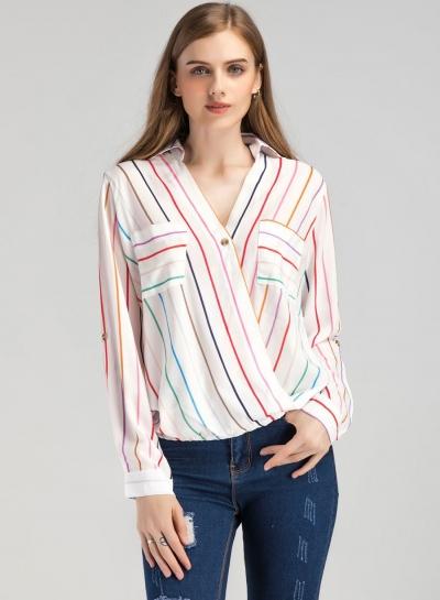 Oasap Casual Stripe V Neck Chiffon Blouse