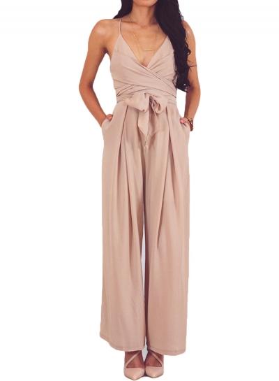 Oasap Apricot Wrap And Tie Sexy Open Back Jumpsuit