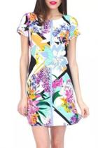 Oasap Multi Floral Print Round Neck Short Sleeve Shift Chiffon Dress